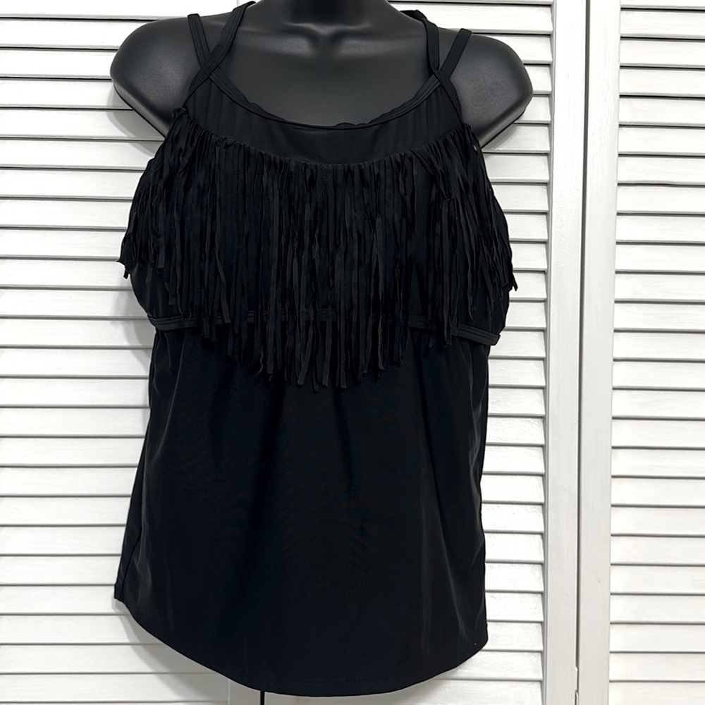 Catalina Rich Black Fringe Swim Bathing Suit Tankini Top Adj Straps L/G (12-14)